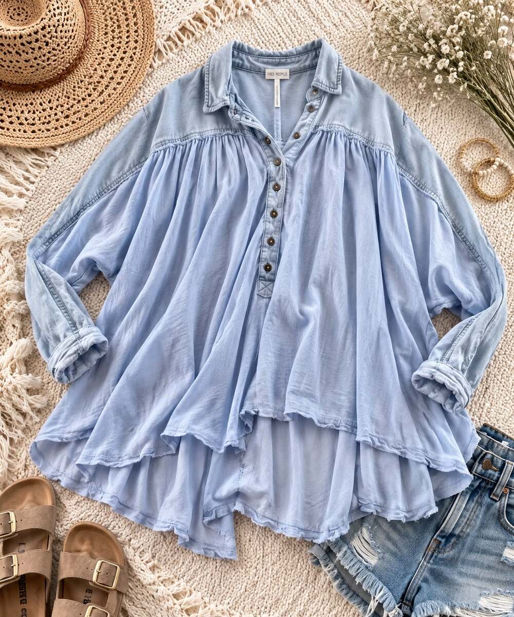 Free People Blue Collared Long Sleeve Hi-Lo Top (r1)